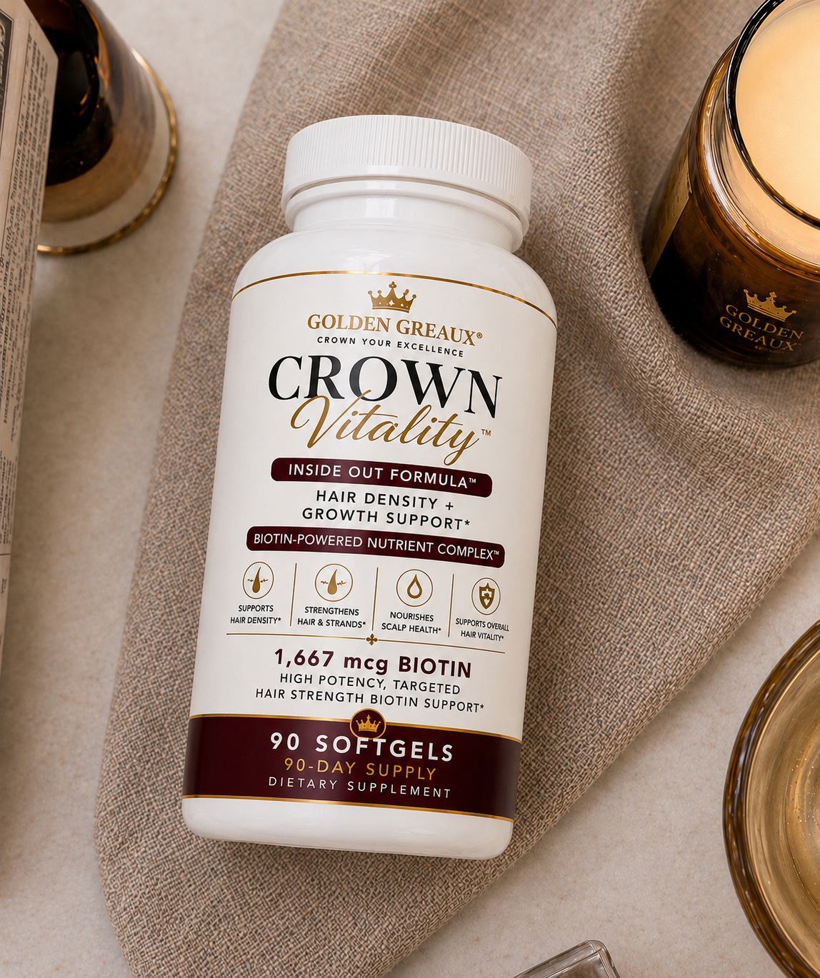 CROWN VITALITY™
AM: Inside Out Formula™ — Hair Density + Growth Support
Biotin-Powered Nutrient Complex™ | 90-Day Supply Softgels