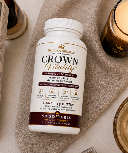 CROWN VITALITY™

AM: Inside Out Formula™ — Hair Density + Growth Support

Biotin-Powered Nutrient Complex™ | 90-Day Supply Softgels
