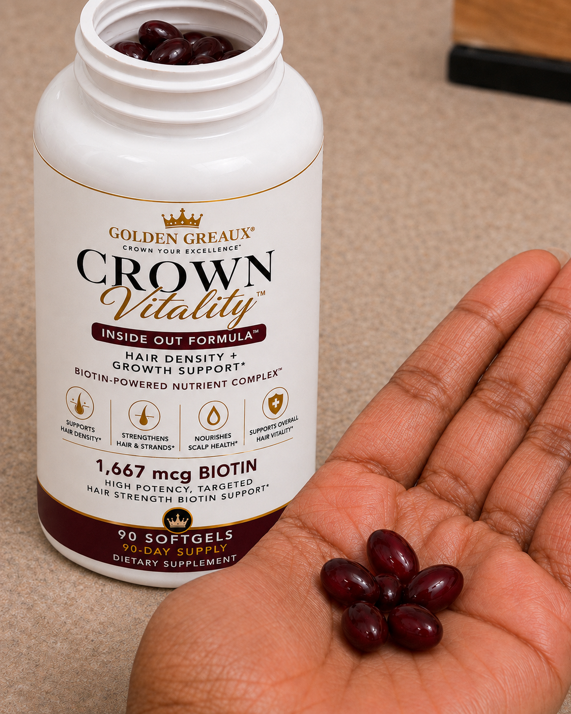 CROWN VITALITY™

AM: Inside Out Formula™ — Hair Density + Growth Support

Biotin-Powered Nutrient Complex™ | 90-Day Supply Softgels