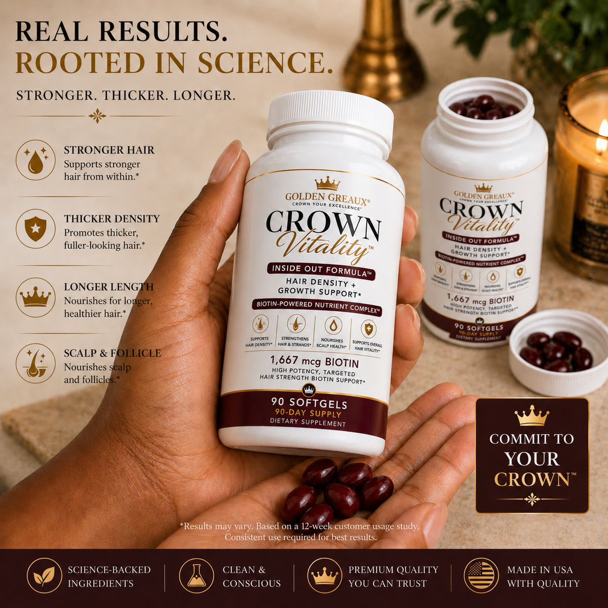 CROWN VITALITY™

AM: Inside Out Formula™ — Hair Density + Growth Support

Biotin-Powered Nutrient Complex™ | 90-Day Supply Softgels